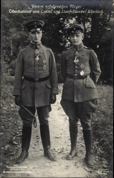 Postcard fighter pilot Lieutenant von Cossel and Vice Sergeant Windisch, medal