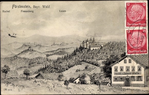 Kunstenaarskaart Fürstenstein in het Beierse Woud, actie van Johann Metz, Rachel, Frauenberg, Lusen