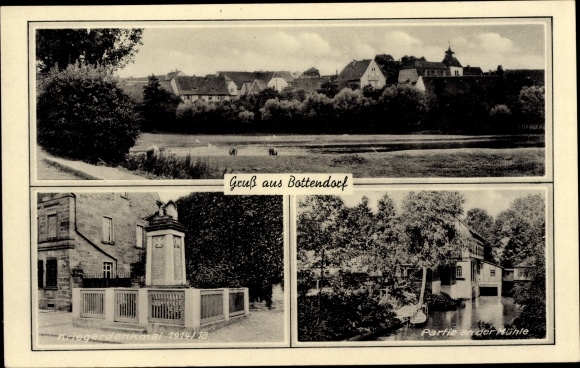 Ak Bottendorf Roßleben im Kyffhäuserkreis, Gesamtansicht, Kriegerdenkmal, Mühle