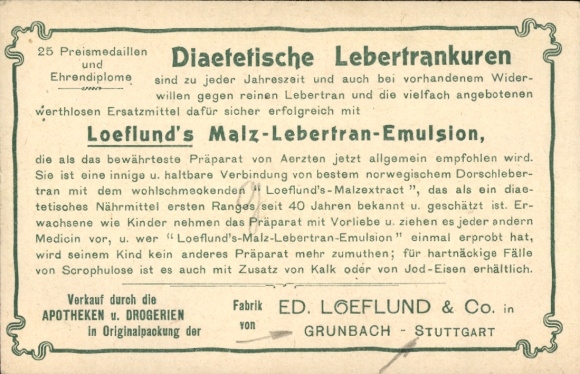 Postcard Loeflund's Malt-Cod Liver Oil Emulsion, Ed. Loeflund & Co., Grunbach, Stuttgart