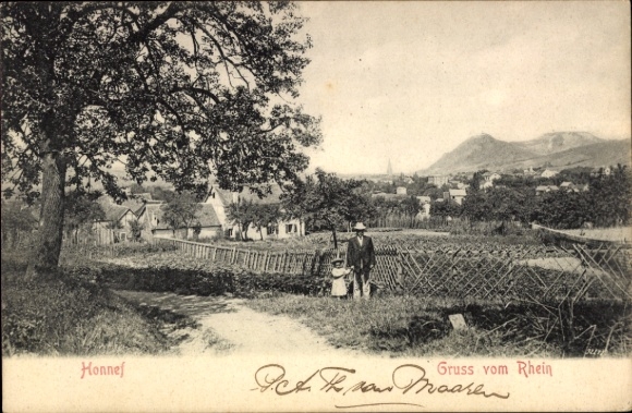 Postcard Bad Honnef on the Rhine, view of Honnef with half-timbered houses, behind it the Rhine and mountains.