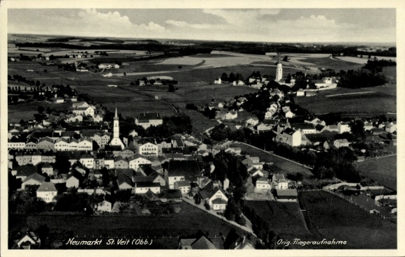 Postcard Neumarkt Sankt Veit an der Rott Upper Bavaria, aerial photograph, landscape with city view, churches