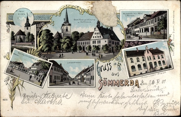 Chromo-Litho Sömmerda in the Thuringian Basin, Bonifaziuskirche, Langestrasse, market square, preparatory institution