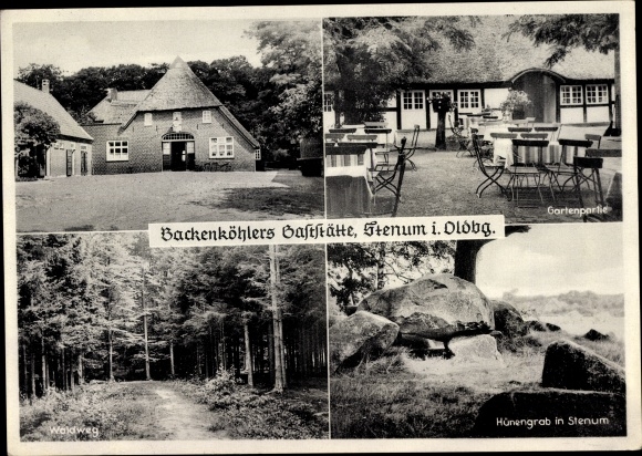 Postcard Stenum Ganderkesee in Lower Saxony, Backenköhler&#39;s restaurant, forest path, terrace, dolmen