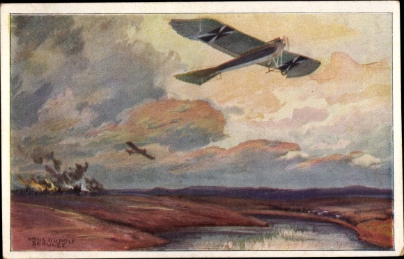 Artist PC Schulze, Hans Rudolf, military pigeon on reconnaissance flight at the Masurian lakes, I. WW