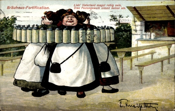 Artist Postcard Kneiss, Munich, Bräuhaus Fortification, waitresses with beer mugs, beer, soldier humor
