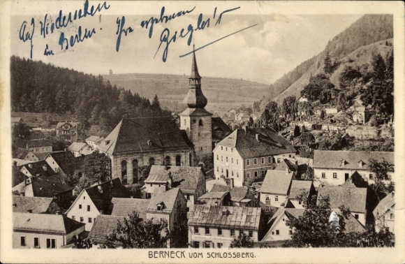 Postcard Bad Berneck in the Fichtelgebirge Bavaria, view from the Schlossberg, church