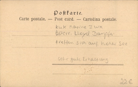 Artist Postcard Encounter of two steamers of the Austrian Lloyd on the high seas