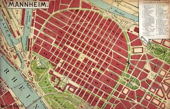Mapa miasta Mannheim w Badenii, widok ogólny, ogród zamkowy, Ren, Neckar, port