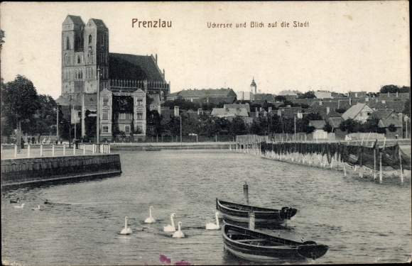 PC Prenzlau in der Uckermark, Uckersee, view of the city, swans, rowing boats