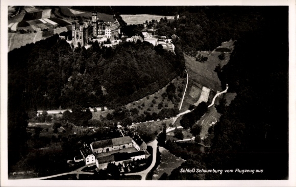 Postcard Schaumburg Rinteln on the Weser, castle aerial photograph, black and white, rural surroundings