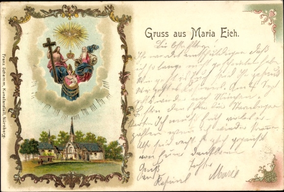 Embossed Chromo-Litho Planegg Oberbayern, Maria Eich pilgrimage church, miraculous image