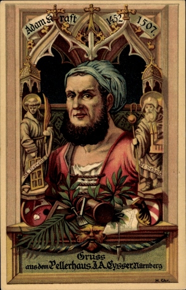 Artist Postcard Nuremberg in Middle Franconia Bavaria, portrait Adam Kraft, Pellerhaus, owner JA Gysser