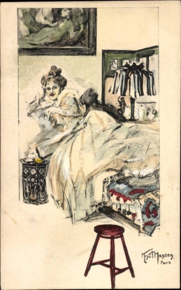Kunstenaar Ak Hansen, K., Vrouw in bed, Geschilderd portret, Schilderij, Slaapkamer