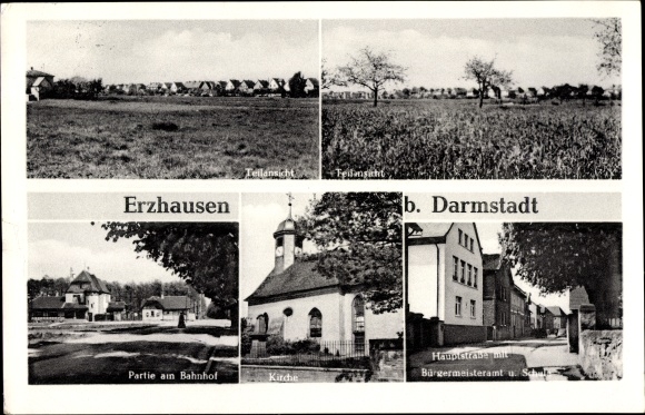 Ak Erzhausen in Hessen, kerk, treinstation, hoofdstraat, burgemeesterskantoor