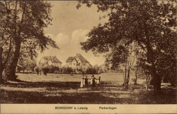 Postcard Borsdorf in Saxony, park landscape, family members, atmosphere, Borsdorf near Leipzig