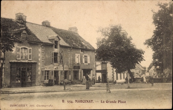 PC Marcenat Cantal, front shows La Grande Place, patisserie, buildings, trees