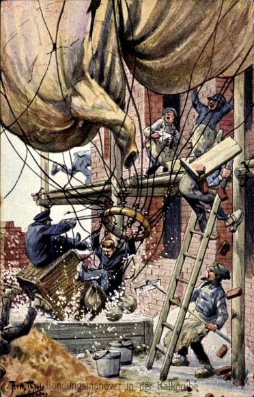Artist Postcard Thiele, Arthur, landing maneuver in the lime pit, balloon, bricklayer
