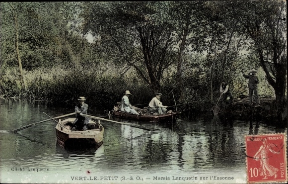 Postcard Vert le Petit Essonne, Marais Lanquetin sur L´Essonne, Fishermen in Boats