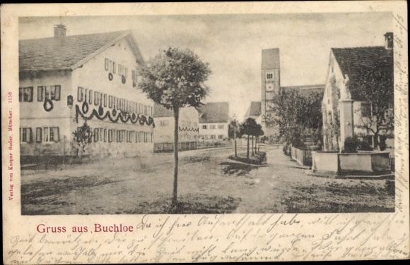 Postcard Buchloe im Allgäu, street section, church, inn