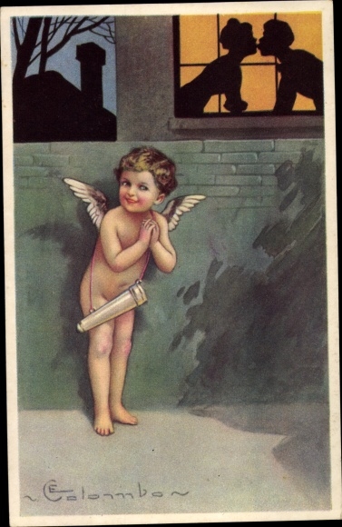 Artist PC Colombo, E., Cupid in front of a window, kissing lovers
