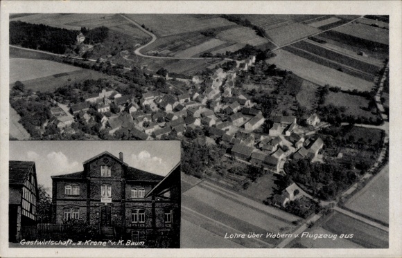 Postcard Lohre Felsberg in the Odenwald Hesse, aerial photograph, restaurant Zur Krone, K. Baum