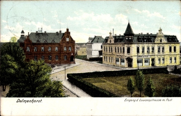 Postcard Delmenhorst in Lower Saxony, entrance of Louisenstraße with post office