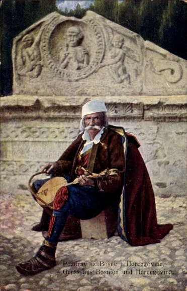Postcard Bosnia Herzegovina, violin player, guslar, traditional costume
