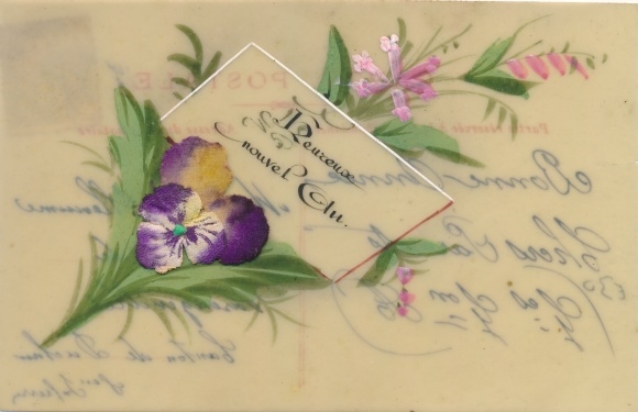 Celluloid Postcard flowers, cowslip, pansy made of silk