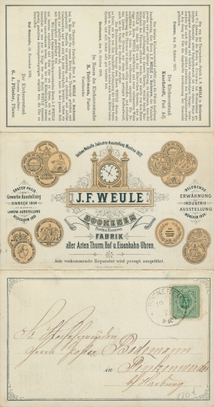 Folding PC JF Weule, factory for tower, yard and railway clocks, advertising