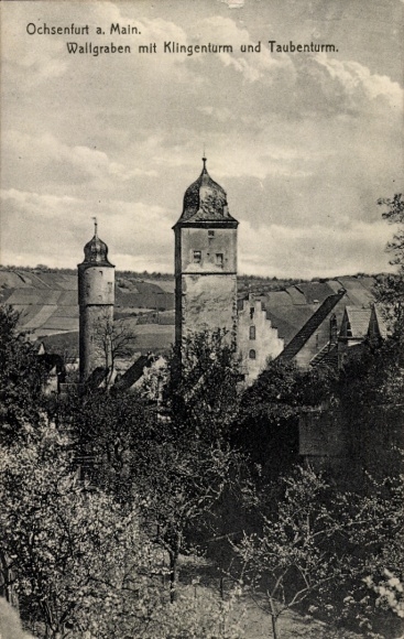 Ak Ochsenfurt am Main Unterfranken, Wallgraben, Klingenturm, Taubenturm