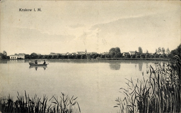 Postcard Krakow am See in Mecklenburg, partial view, rowing boat, lake