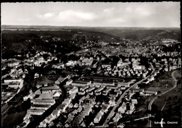 Postcard Schwäbisch Gmünd in Württemberg, aerial photograph, city view, single-family houses, idyllic landscape