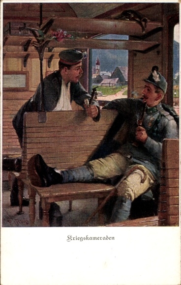 Artist Postcard War Comrades, Two Smoking Soldiers in a Train Compartment, Austrian