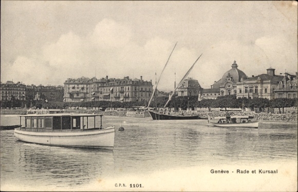 Ak Genf Stadt Schweiz, Schiff im Wasser, Hafenansicht, Gebäude im Hintergrund, Genf