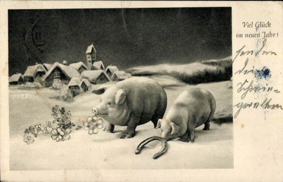 Postcard Happy New Year, pigs, horseshoe