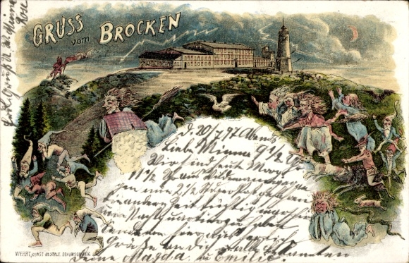 Litho Brocken im Harz, Brockenhexen auf Besen