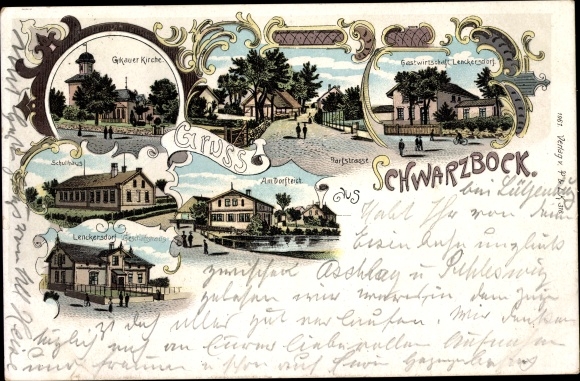 litho Schwarzbock bij Lütjenburg Holstein, kerk, herberg Lenckersdorf, schoolgebouw, dorpsvijver