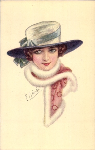 Artist Postcard Colombo, E., Woman, Painted Portrait, Hat, Scarf