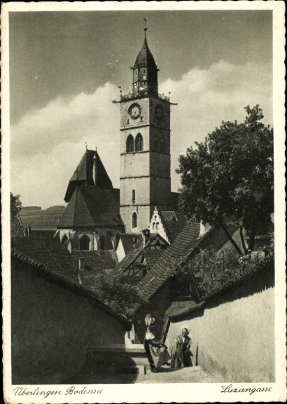 Postcard Überlingen am Bodensee, Luziengasse, church tower