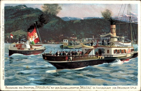 Artysta lito Steamer Habsburg i Bregenz na Jeziorze Bodeńskim