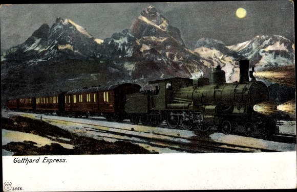Moonlight PC Gotthard Express, steam locomotive, railway in motion, ridge of the Alps at night