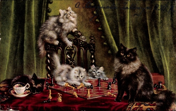Artist Postcard cats with chessboard on a table