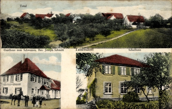 Postcard Taisersdorf Owingen Bodenseekreis Baden, Inn zum Schwanen, owner Joseph Schmitt, schoolhouse