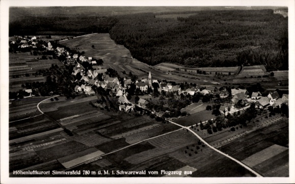 Postcard Simmersfeld in the Black Forest, high-altitude health resort aerial photograph, Black Forest, 780 m above sea level.