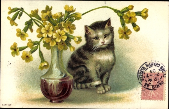 Emboss Postcard Cat and Vase of Flowers