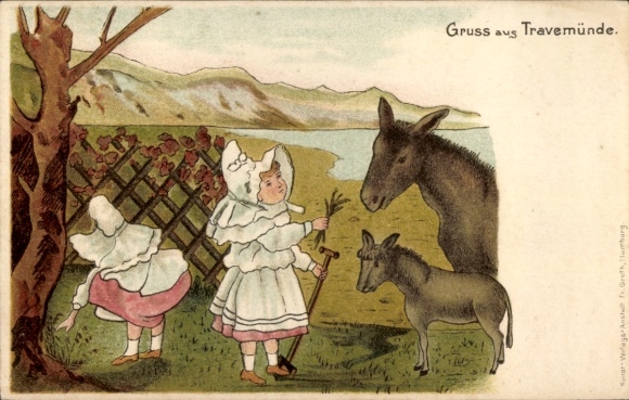 Artist Chromo-Litho Travemünde Lübeck, Girls feeding the donkeys