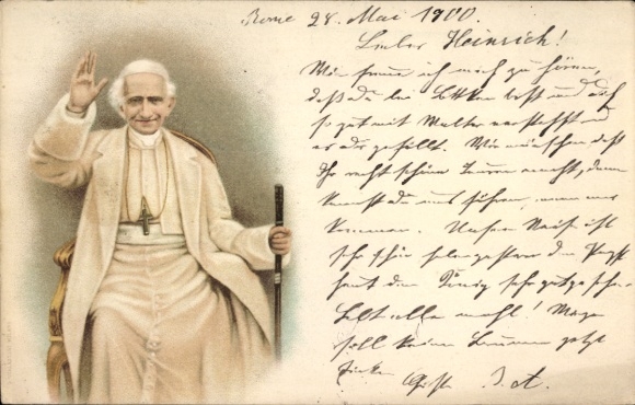 Ak Roma Rom Lazio, Papst Leo XIII. im Pontifikalgewand auf einem Thron sitzend, erhobenen rech...