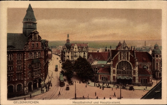 Ak Gelsenkirchen im Ruhrgebiet, Hauptpost, Hauptbahnhof, Straßenseite