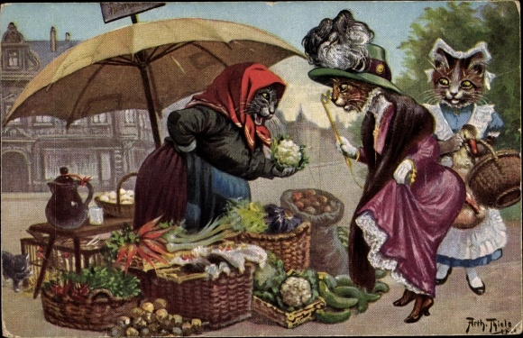 Artist PC Thiele, Arthur, humanized cats, mistress with maid at the market stall
